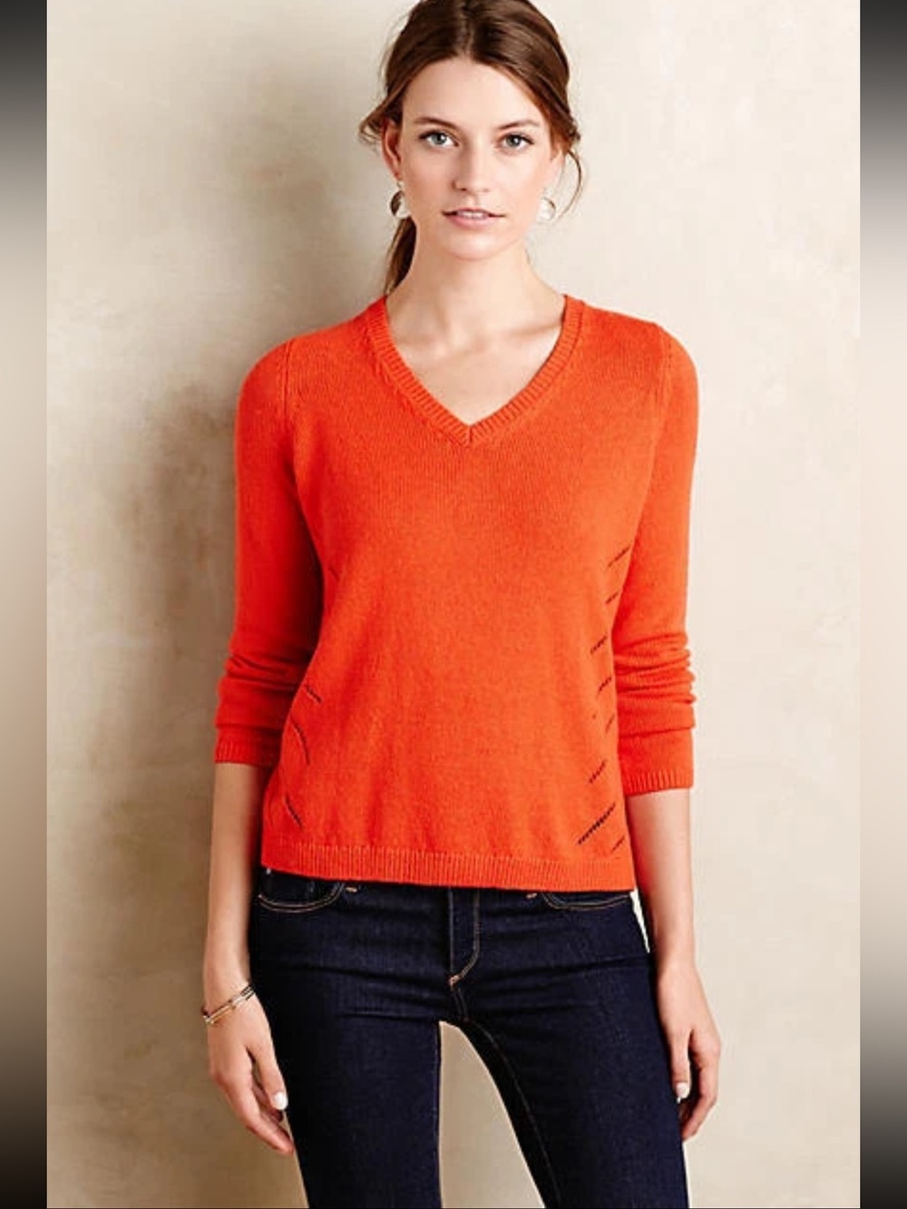 Anthropologie Moth V-Neck Tie Back Red Orange Sweater Size S